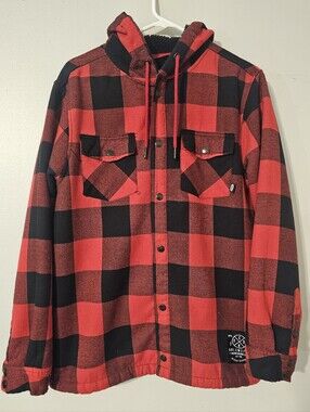 Ecko Unltd Men's Medium Red & Black Plaid Flannel Sherpa Lining Hooded Jacket